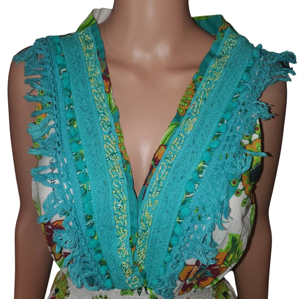 Antica Sartoria Dress 2024 One Size Cotton Boho Positano Aqua Fringe Mini Resort - Picture 2 of 12